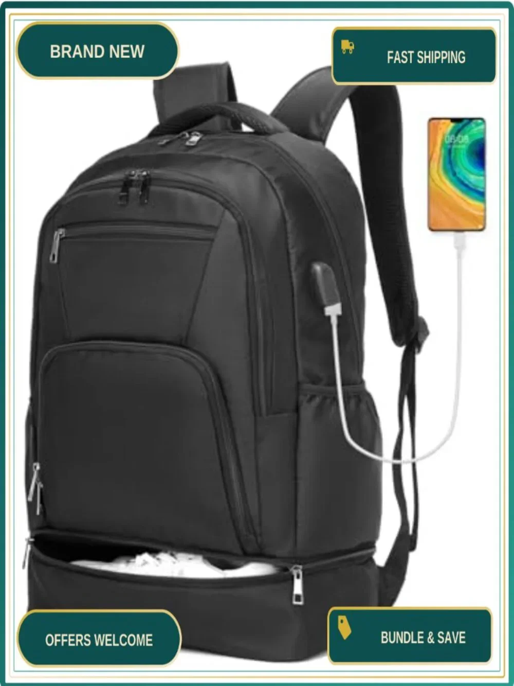 Gym Backpack with Shoe Compartment Waterproof USB Charging Travel Laptop Daypack